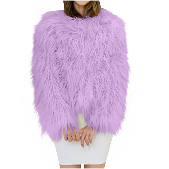 Hueook Faux Fur Coat Women's Winter Solid Color Casual Extended Warm Jacket Purple XL