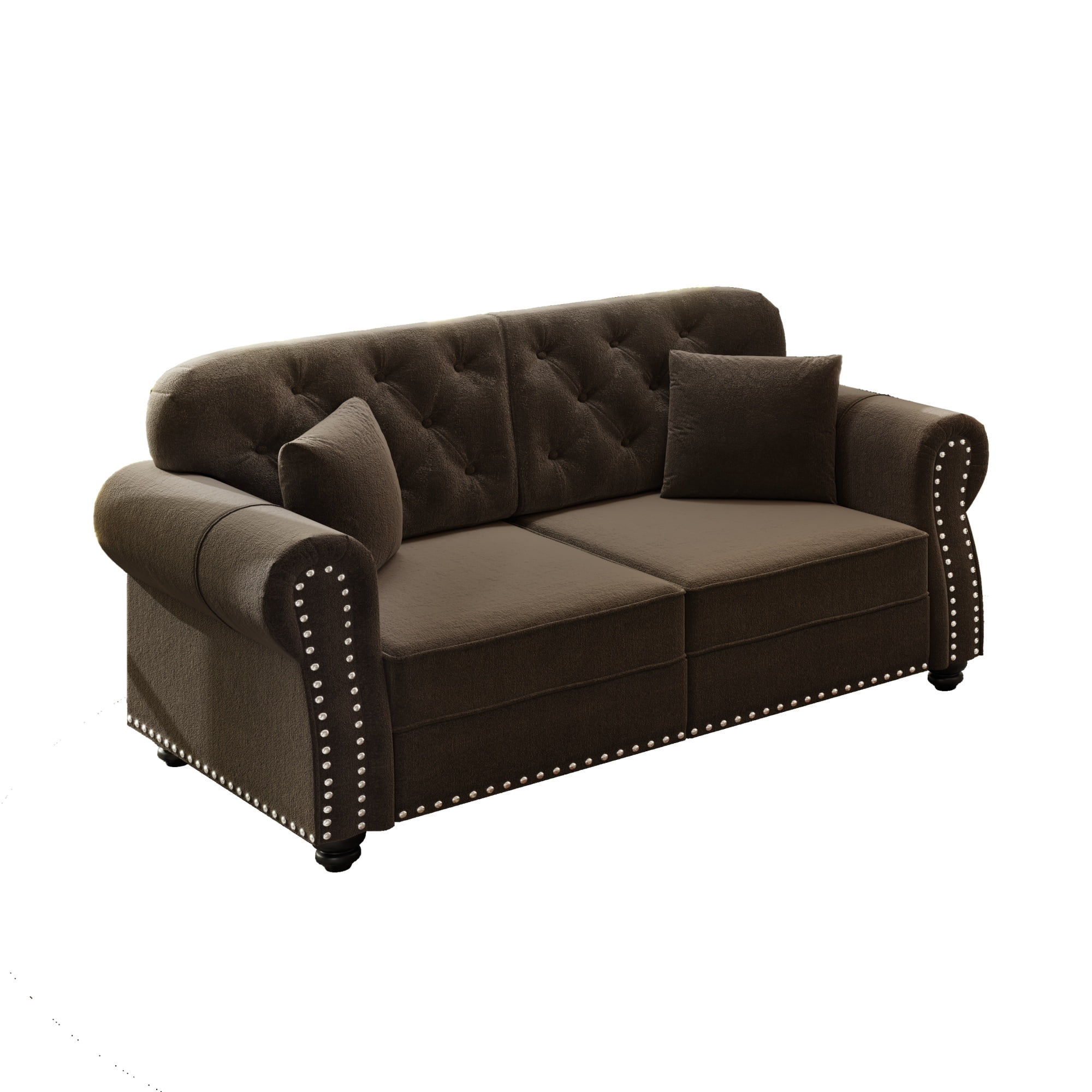 1PCS Upholstered Velvet Couch with Nailhead Trim, Mid-Century Modern Button Tufted Chesterfield Loveseat Sofa with 2 Pillows