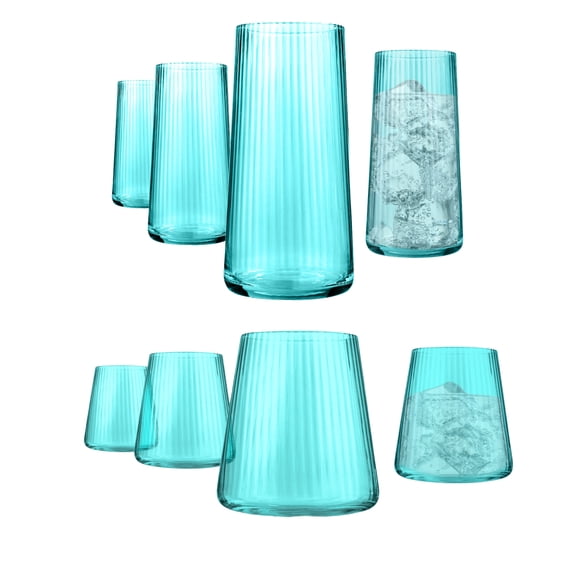 Artland Soho Optic 14.5 oz Double Old Fashion & 17.5oz Highball Glasses (8-Piece Set) - Modern Design Barware Glasses - Elegant Durable & Stylish Bar Glassware Essential, Dishwasher Safe (Turquoise)