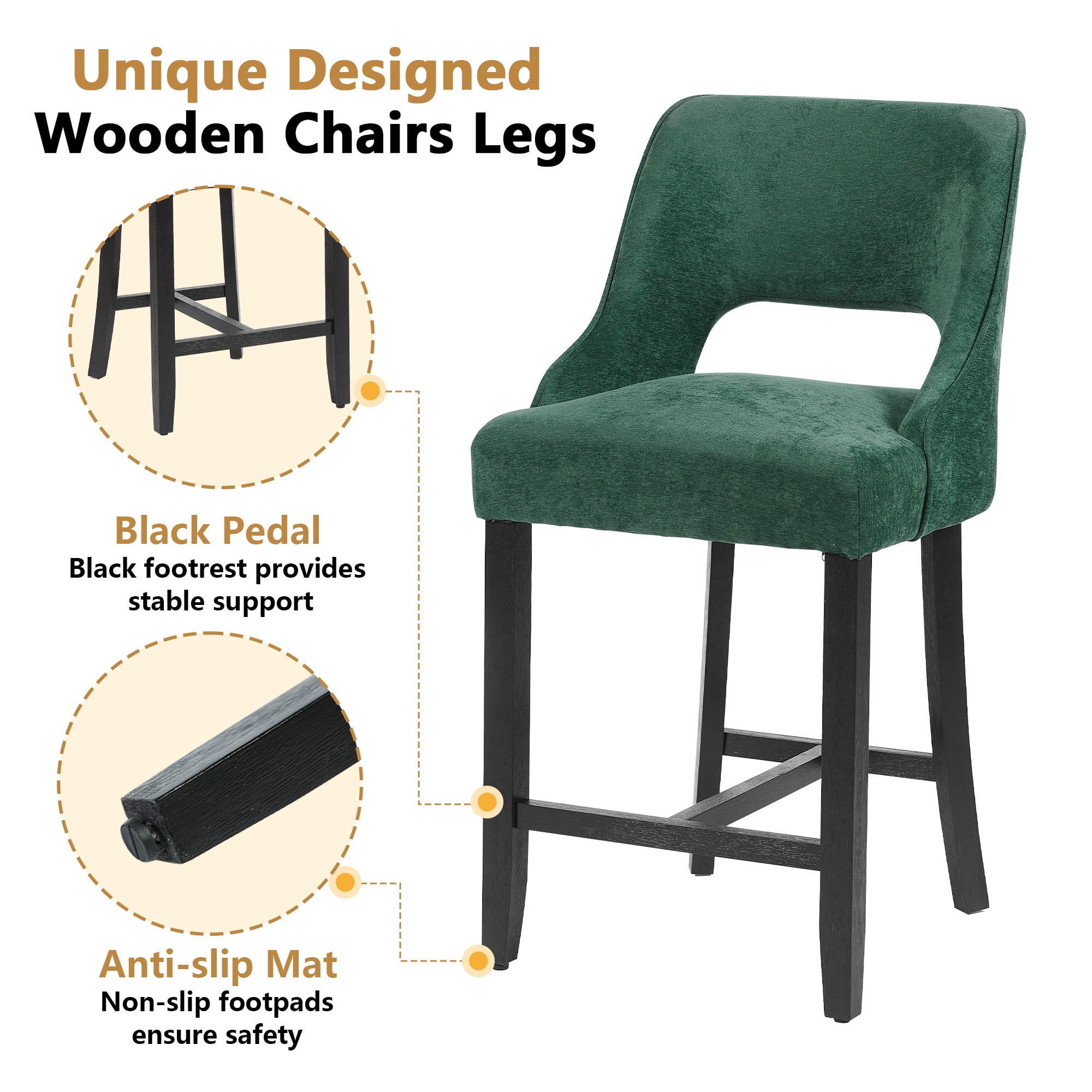 ClinQ 26" Counter Height Bar Stool Set of 1, Upholstered Bar Chair with Back, Walnut Curved Footrest for Kitchen Island, Darkgreen