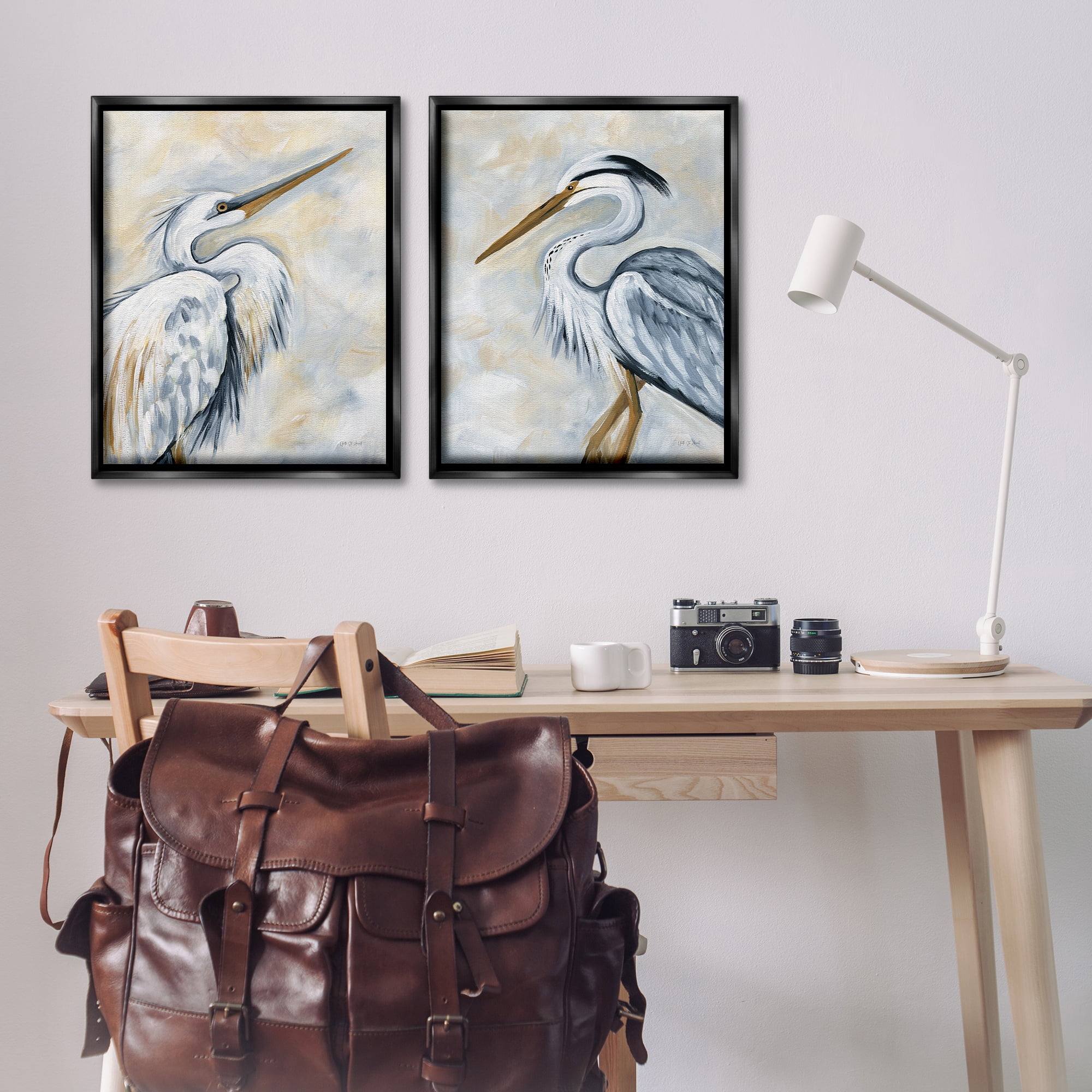 Stupell Industries White Egret Blue Heron Animals Painting Black Floater Framed Canvas Art Print Wall Art, 31 x 25, Set of 2