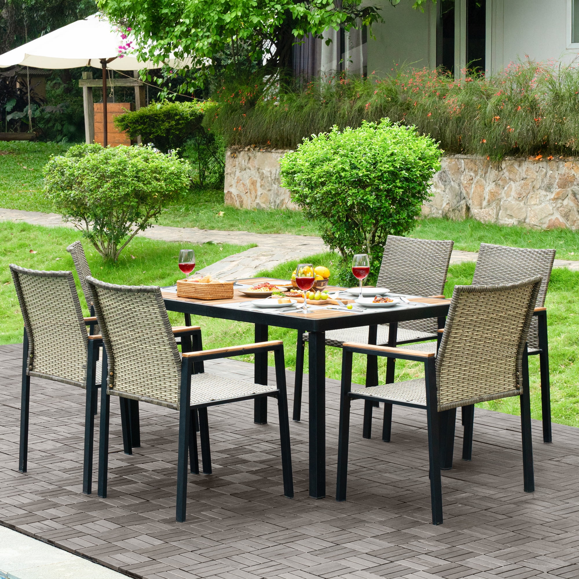 Segmart Outdoor Dining Set for 6 Person, Patio Table and Chairs Set with Textilene Armchairs & Swivel Chair, Conversation Furniture Set for Backyard, Poolside, Blue