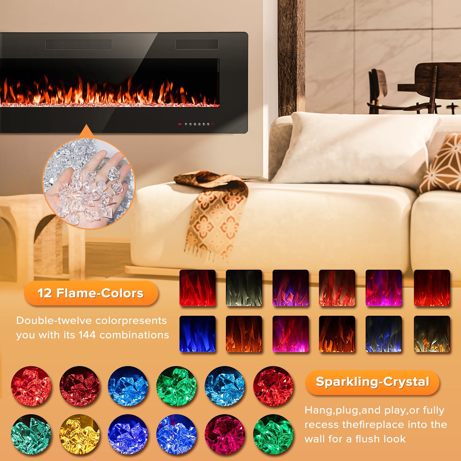 KISSAIR 60 inch Embedded Wall Mounted Indoor Fireplace, Ultra-thin Low Noise Lightweight LED Fireplace Heater, Touch Screen, Timer, 1500W, Adjustable Flame Color and Speed, Black
