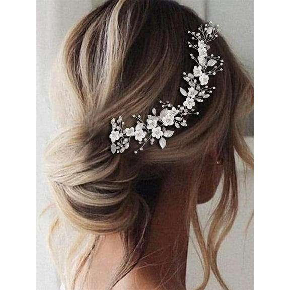 Bride Wedding Hair Vine Silver Flower Leaf Headpiece Rhinestone Headband Bridal Hair Piece Hair Accessories for Women and Girls