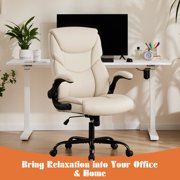 MCQ Office Chair,PU Leather Desk Chair with Lumbar Support, Wheels, and Flip-up Armrest, White