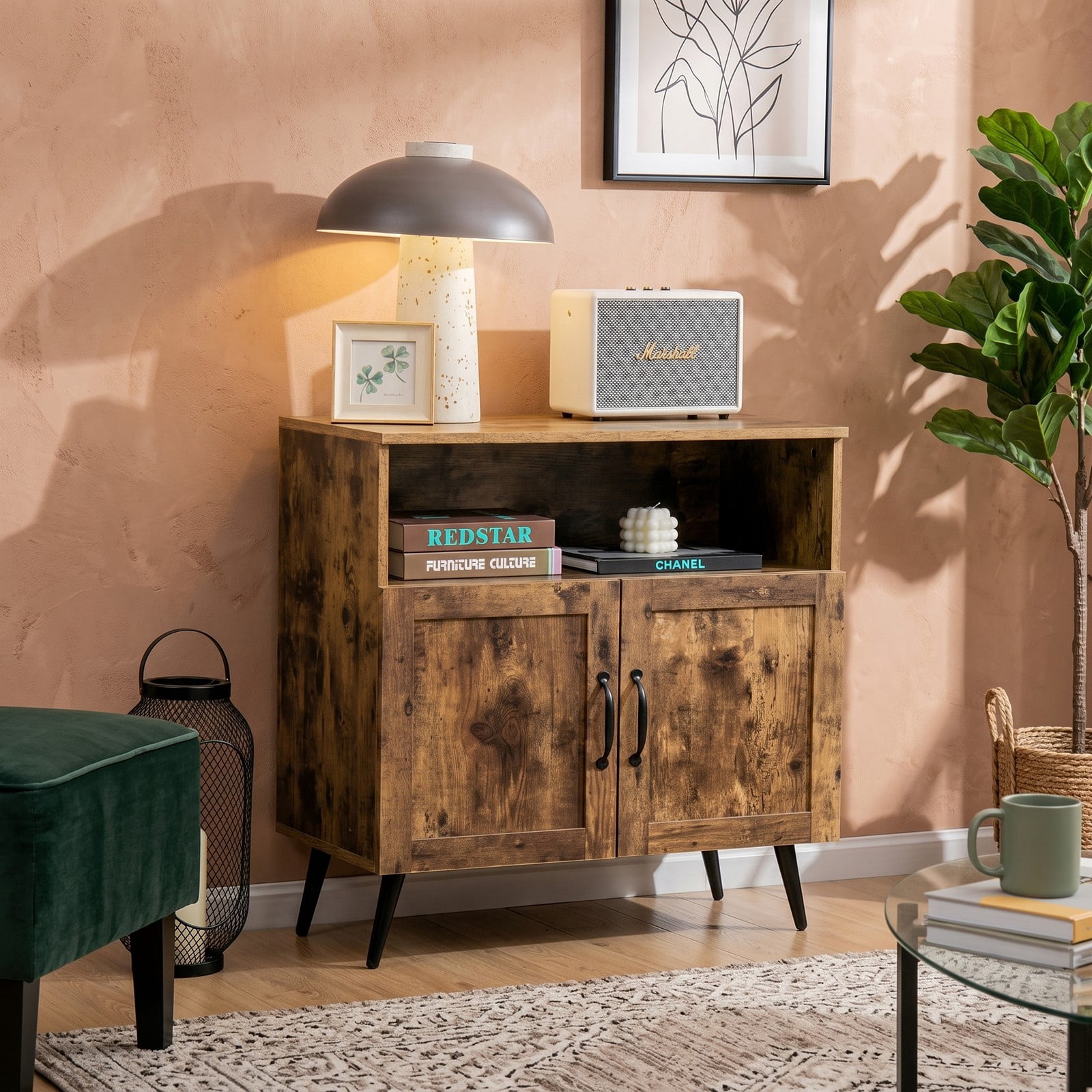 Furnibear Mid-Century Wooden Storage Cabinet Sideboard Buffet with Wine Glass Holders, Open Shelf, 2 Enclosed Cabinets for Living Room Dining Room Kitchen, Rustic Brown