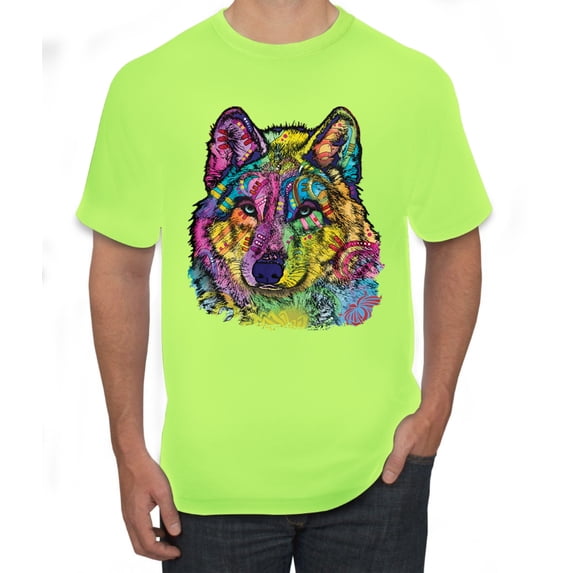 Colorful Majestic Neon Atric Wolf | Dean Russo Art Animal Lover Men's T-Shirt, Safety Green, 5XL