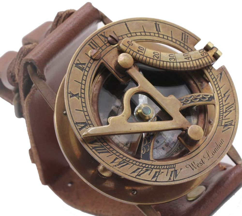 Rii Brand Brass Antique Color Wrist Band Working Sundial Compass