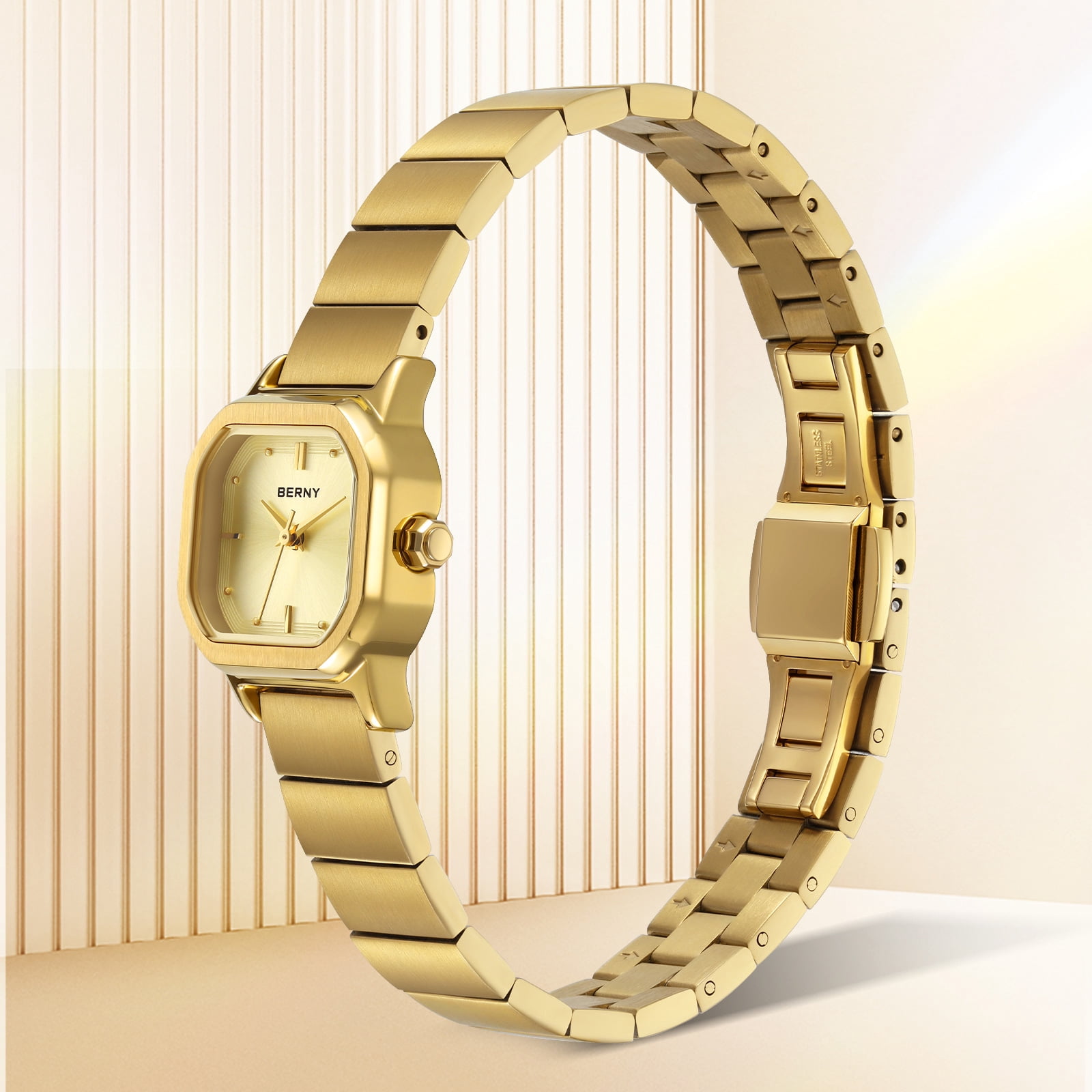 BERNY Small Gold Watches for Women, Dainty Minimalist Dress Watch with Square Dial, Vintage Stainless Steel Bracelet Watch Waterproof, Ladies Luxury Gifts (Gold)