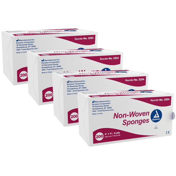 Dynarex Non-Woven Sponges, Non-Sterile Gauze, 4-Ply, 4"x 4", Highly Absorbent - 4 Pack (800 Gauze)