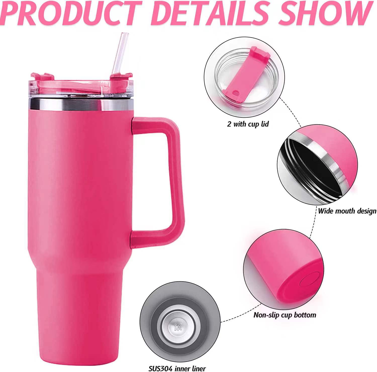 Immekey 40 oz Tumbler Insulated Water Bottle with Straw Flip Straw Tumbler Travel Mug Cup with Handle for Women & Men-Rose Red, Size: One Size