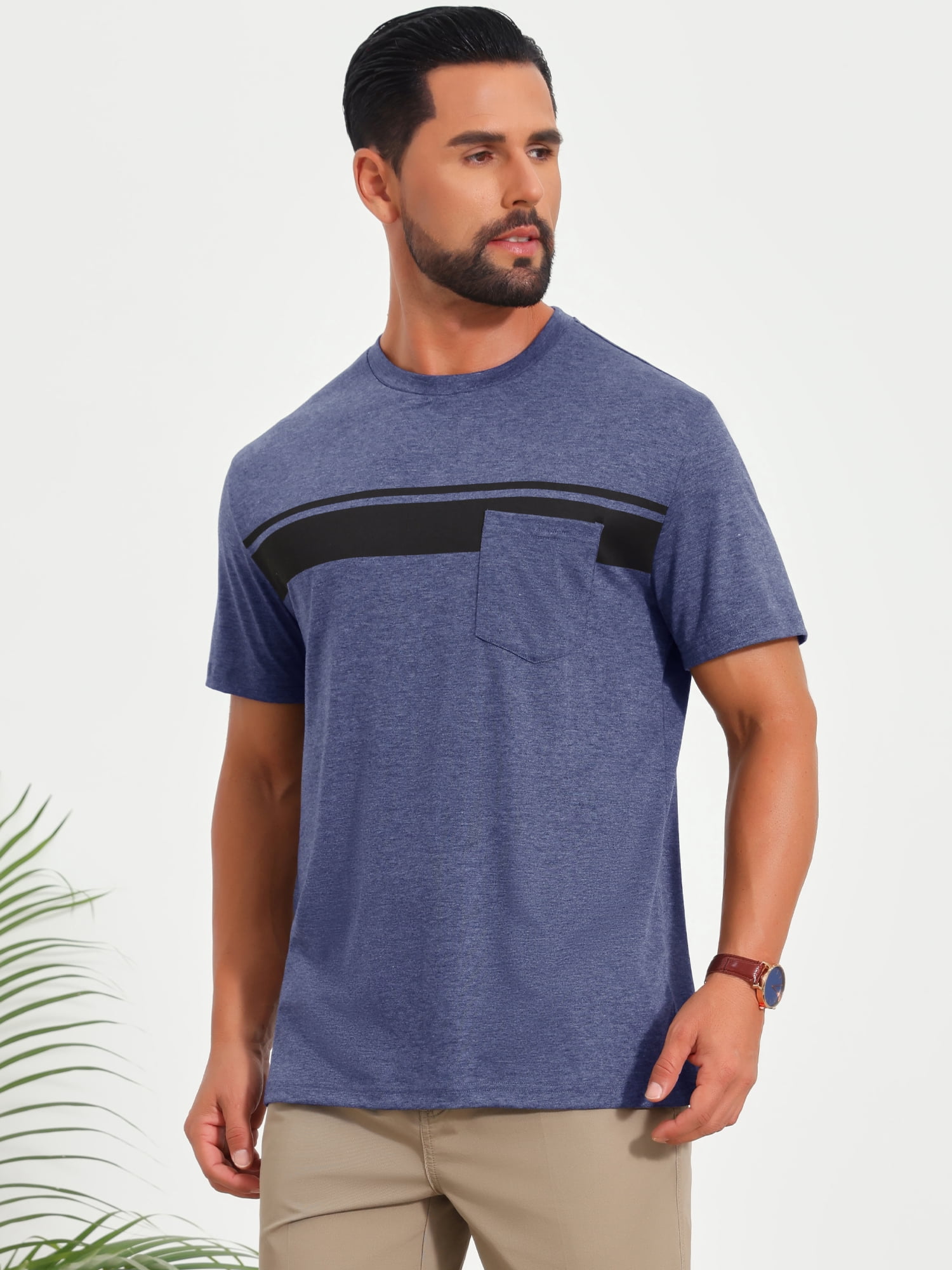 DARING DIVA Men's Chest Pocket Striped Print Crew Neck Short Sleeve T-Shirt S Dark Blue