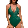 thumbnail image 2 of Fartey Womens Cross Front One Piece Swimsuits Summer Halter Lace Up Deep V Bathing Suit Solid Color Tummy Control High Cut Swimwear Green S-XL, 2 of 6
