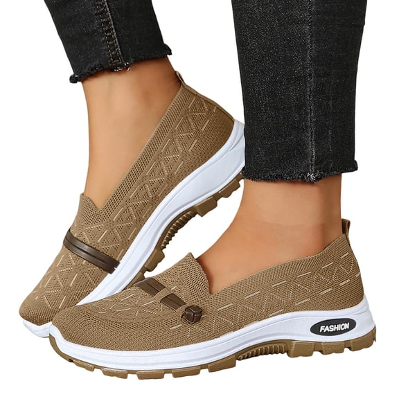 Rokment Orthopedic Walking Shoesfor Women with Arch Support Fashion Casual Comfortable Buckles Knit Memory Foam Platform Wedge Non Slip Work Slip-On Sneakers Spring Fall Coffee Size 9