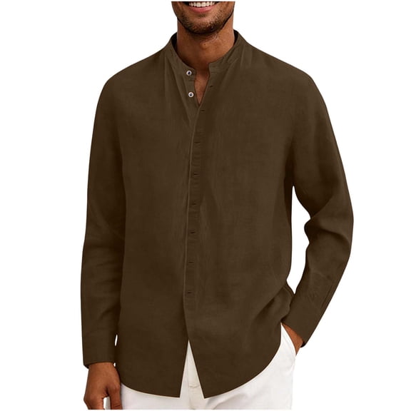Dxzfnsa Men's Linen Button Down Shirts Casual Short Sleeve Round Neck Collarless Blouses Breathable Solid Color Beach Summer Lightweight Tops