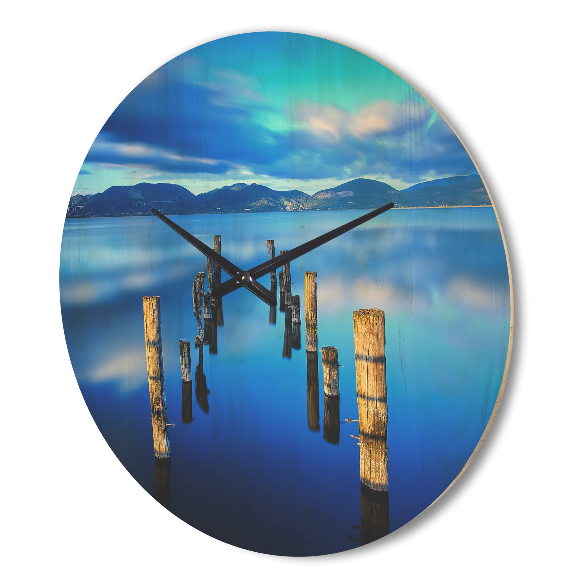 Designart 'Wooden Pier Remains in Blue Mountain Sea ' Modern Wood Wall Clock