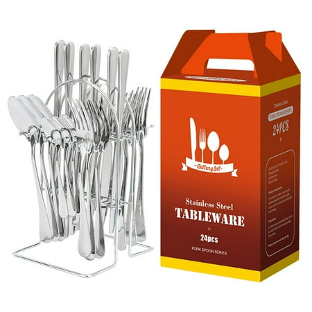 

HYCSC Silverware Sets with Holder Premium Stainless Steel Tableware Set Mirror Polished Flatware Cutlery Set - Include Knife Fork and Spoon Dishwasher Safe Nice Family Utensil Gift Set (Silver)
