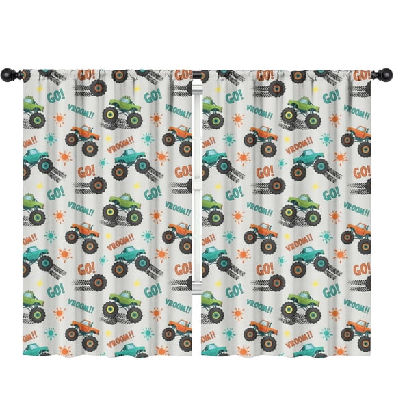 Blackout Kids Curtains,Monster Cartoon Truck Gray Pattern Children's Insulated Curtains Set Of 2,Bedroom Essentials,Toddler Room Decor 52"x84"