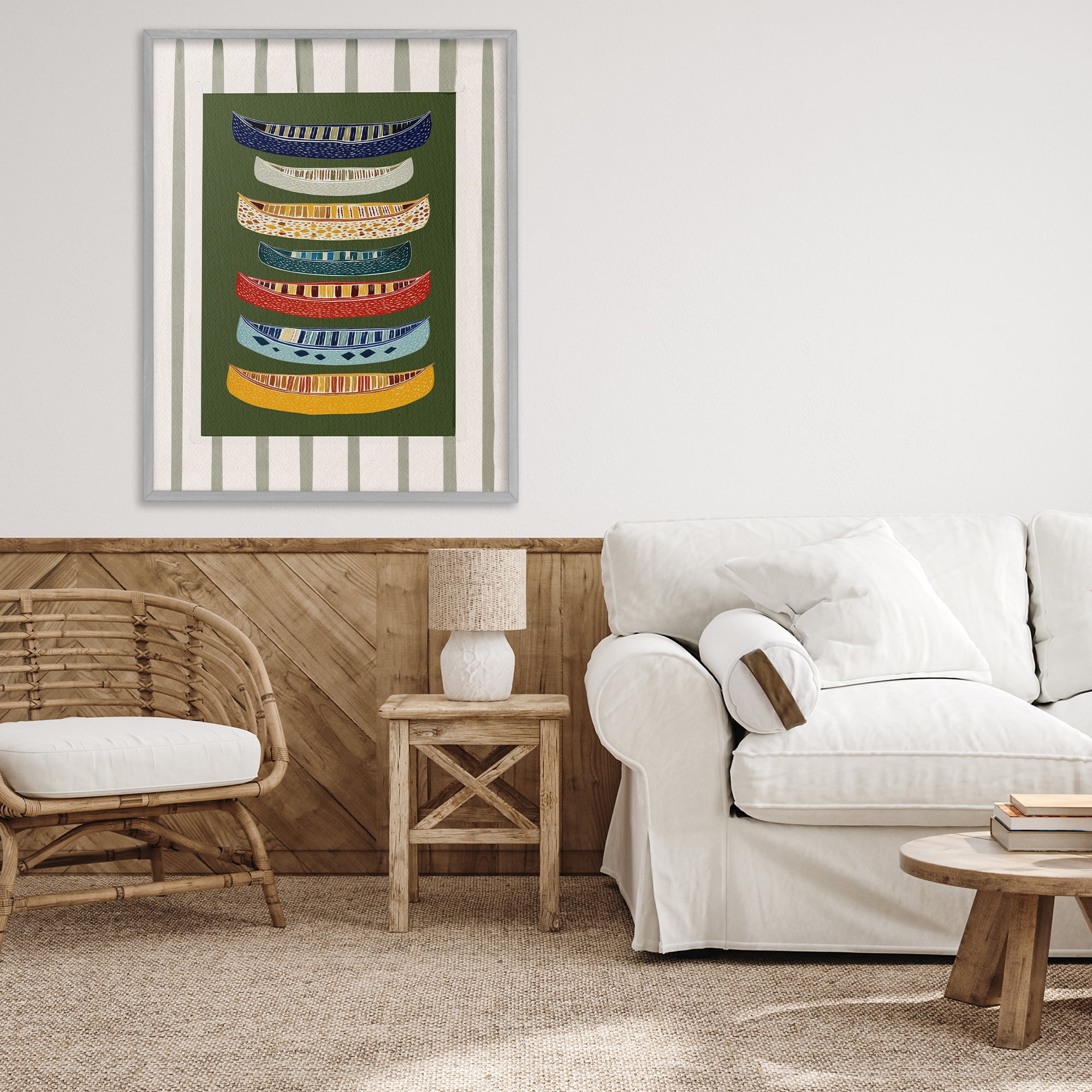 Stupell Industries Patterned Canoes over Stripes Gray Framed Giclee Art, design by Yen