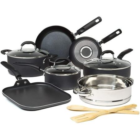 

Cookware Set with Premium Non-Stick Coating Dishwasher Safe Pots and Pans Tempered Glass Steam Vented Lids Stainless Steel Steamer and Bamboo Cooking Utensils Set 12-Piece Charcoal Gray
