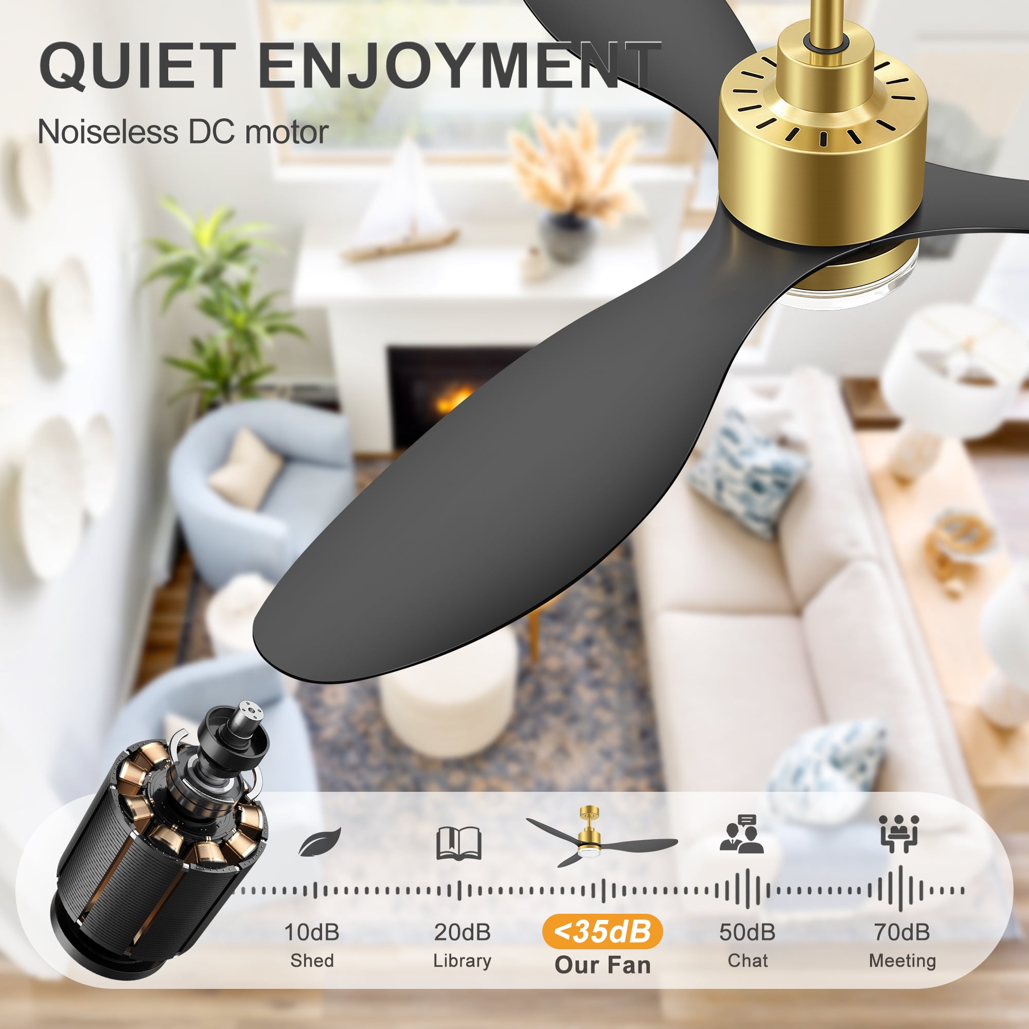 ALKAFY 52 inch Golden Ceiling Fan with LED Light and Remote -  3 Color Temperatures, for Living Room & Bedroom