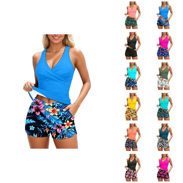 Womens Tankini Bathing Suits 2026 Casual Modest Deep V Neck Crossover Top with Swim Shorts Two Piece Bathing Suits for Women