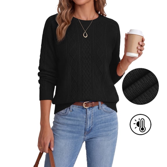 Asklazy Women Pullovers Sweater Soft Fisherman Cable Long Sleeve Crewneck Sweater,Thanksgiving,Black,L