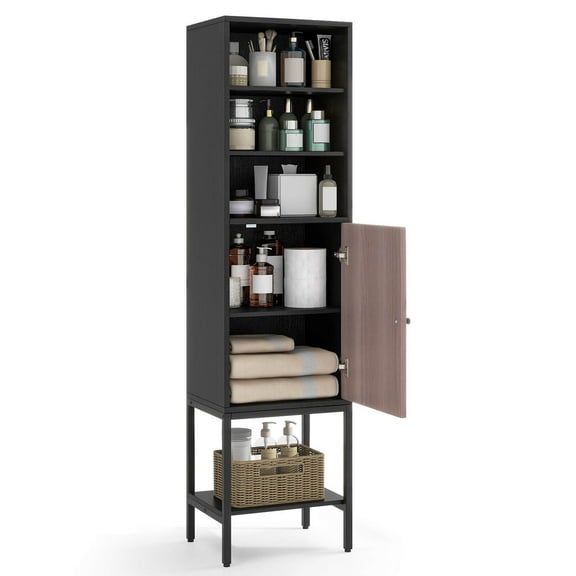 Costway 57" Bathroom Tall Cabinet with 1 Door and 4 Shelves Freestanding Floor Cabinet Black