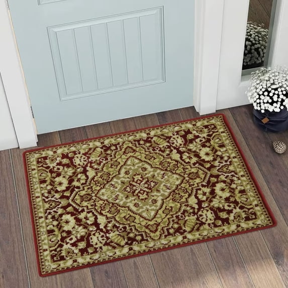 2x3 Small Bath Rugs Kitchen Throw Mat Non Slip Carpet for Front Door Chair,Floral Pattern, Red