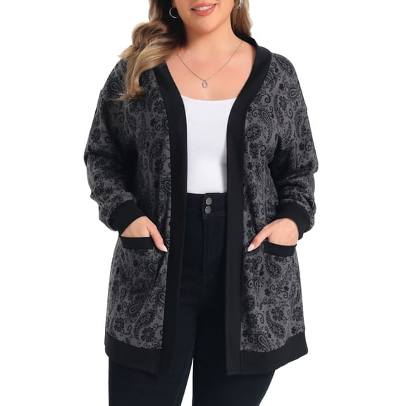 GRACE & GRANDEUR Women's Plus Size Cardigan Contrasting Floral Print Long Sleeve Knit Open Front Cardigans Outerwear with Pockets 1X Gray