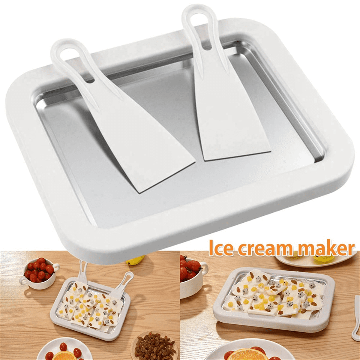 Ice Cream Maker Pan with 2 Scrapers DIY Yogurt Ice Cream Maker Plate Multifunctional Cold Sweet Fried Food Plate