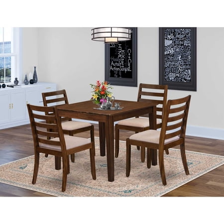 East West Furniture OXX15-AWA-04 5-piece Kitchen Table set included a square Table and 4 Light Tan Fabric stackable Chair Antique Walnut Finish.