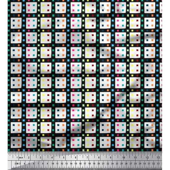 Soimoi Crepe Silk Fabric Geometric Check Print Fabric by The Yard 42 Inch Wide
