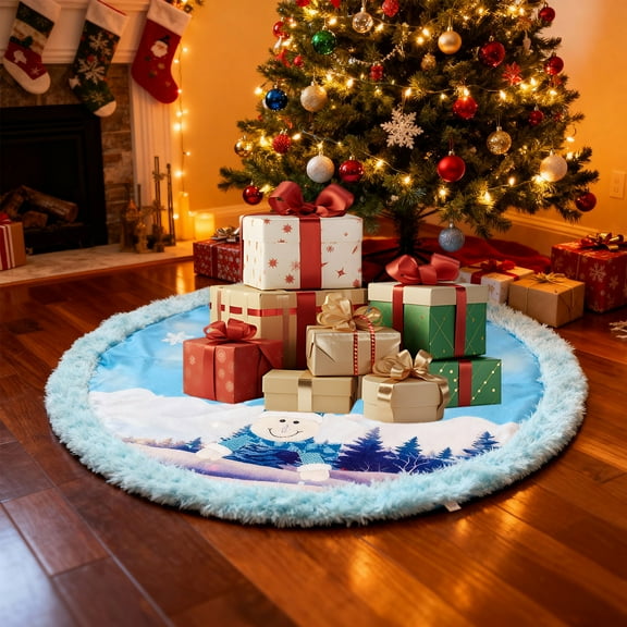 Hxlamzoo Christmas Tree Skirt Santa Claus Snowman Print Premium Polyester 42.5 Inch Blue - Durable Festive Decoration for Xmas Holiday Home Decor, Easy Storage Tree Bottom Cover