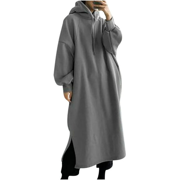 Women's Long Sweatshirt Dresses Crewneck Drawstring Pullover Casual Oversized Long Sleeve Hoodie Dress with Pockets