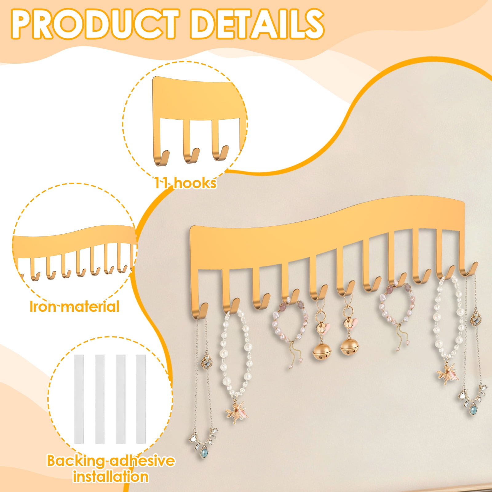 4 Pack Wave Style Wall Mounted Necklace Organizer Gold Metal Hanging Jewelry Storage Hooks Holder for Bracelets Keys Bedroom Closet