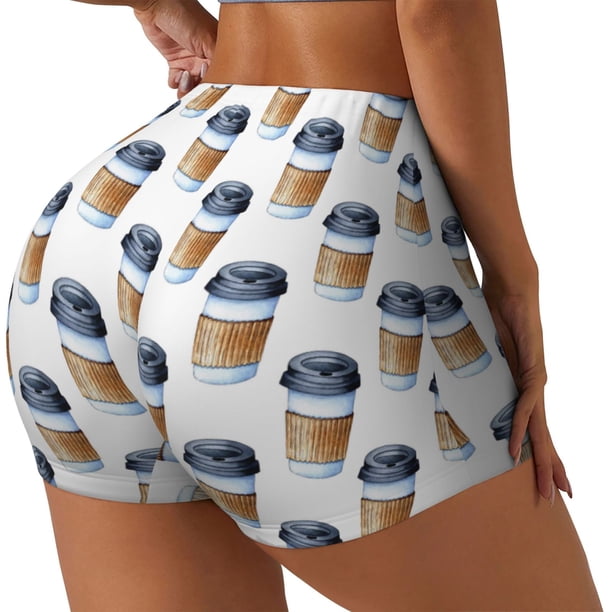 Fotbe Coffee To Go Pattern Shorts Sin Costuras – Shorts Deportivos de Cintura Alta para Mujer, Elásticos para Gimnasio, Yoga, Running o Ciclismo-Small