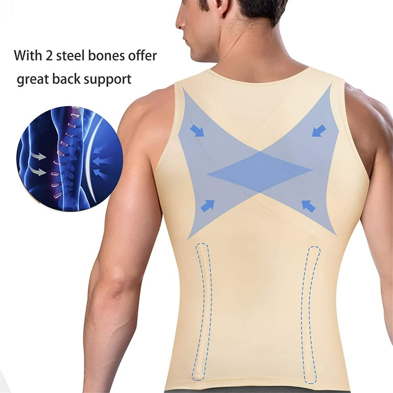 Gotoly Mens Compression Shirt Slimming Body Shaper Vest Waist Trainer  Workout Tank Tops Back Support Undershirts(Beige Large)