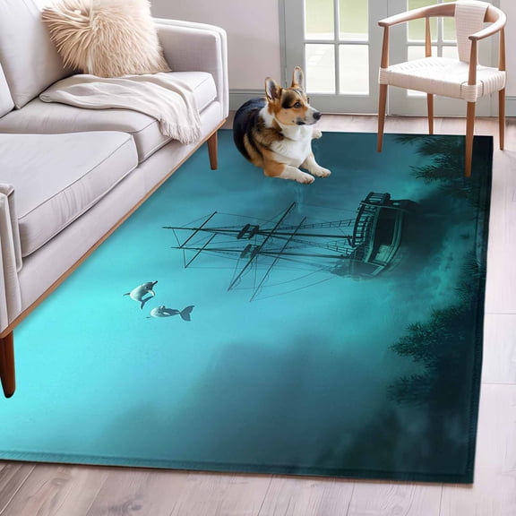 Ocean Shipwrecks Area Rugs 3'x5', Washable Small Throw Rugs for Living Room Bedroom, Coastal Nautical Dolphins Vintage Indoor Outdoor Rug Non-Slip Low Pile Carpet Runner Reversible Floor Mats