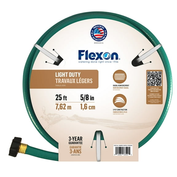 Flexon 5/8" x 25ft Light Duty Garden Hose – Lightweight, Flexible, Kink-Resistant, Durable Vinyl, Leak-Proof Couplings, Weather-Resistant Water Hose for Lawn, Garden, and Outdoor Use