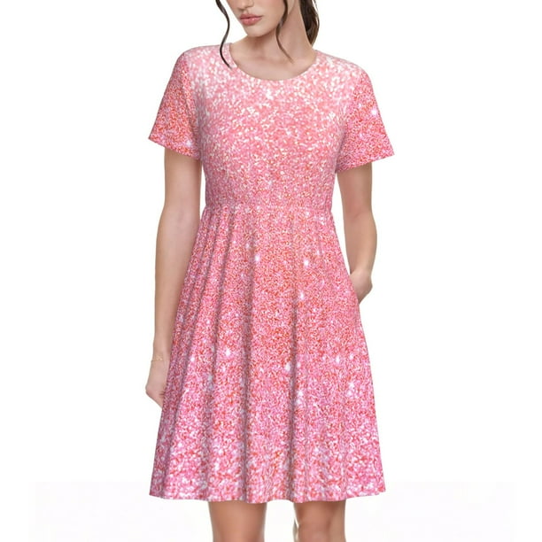 Easygdp Sparkly Glitter para Vestido Transpirable de Mujer, Vestido Suelto de Manga Corta con Pliegues y Bolsillos para el Verano