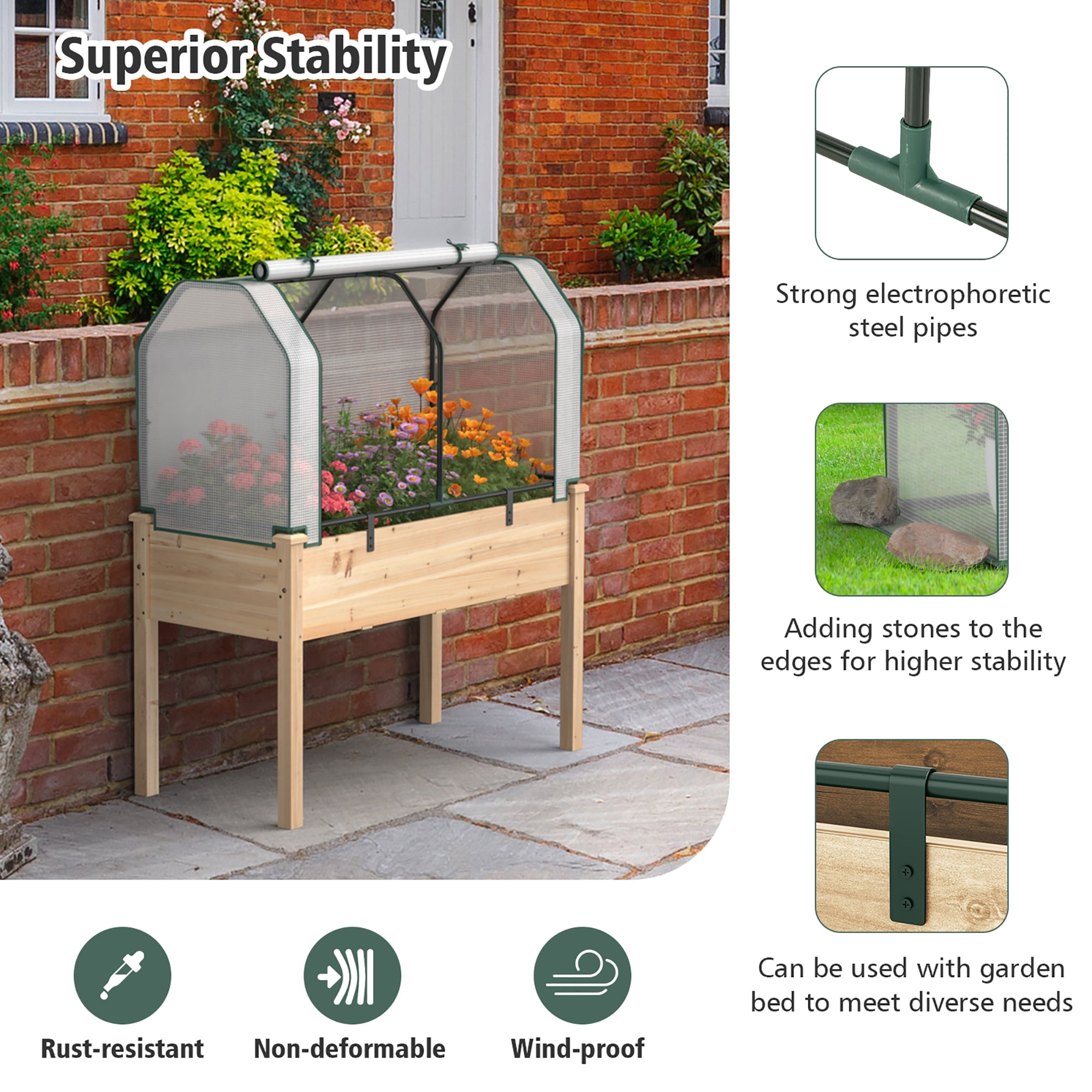 Costway Raised Garden Bed with Dual Zipper Door Greenhouse for Patios and Backyards Natural