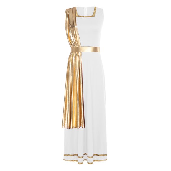 YiZYiF Women's Ancient Greek Toga Dress Metallic Shiny Tunic Overlay Halloween Carnival Party Fancy Dress White Gold XXL