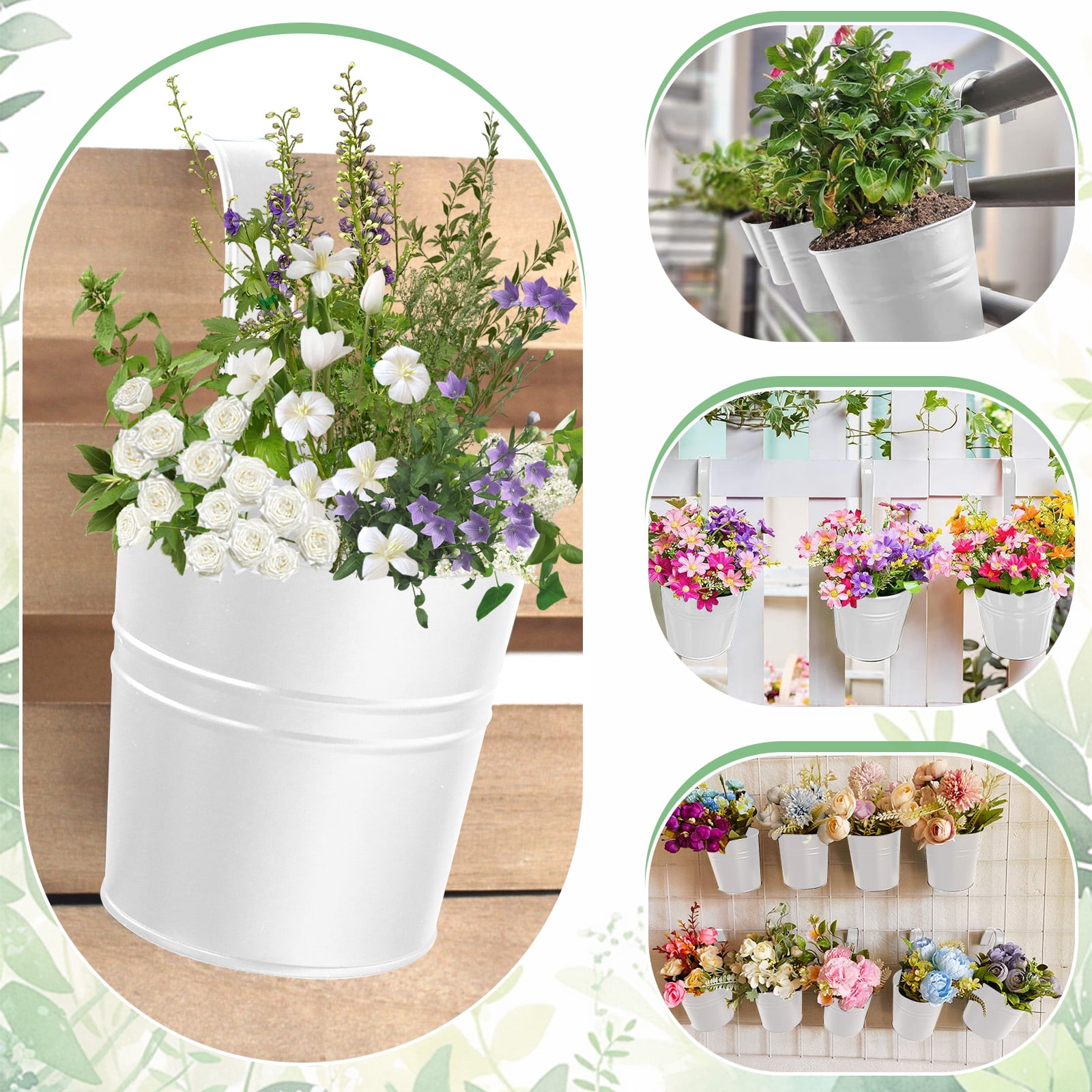 SPOKKI 8Pcs Metal Iron Hanging Flower Pots for Railing,with Detachable Hooks and Drain Holes Oval Hanging Pots Fence Planters for Railing Garden Fence (4pcs 10.6inch+4pcs 4inch)