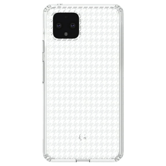 DistinctInk Clear Shockproof Hybrid Case for Google Pixel 4 (5.7" Screen) - TPU Bumper, Acrylic Back, Tempered Glass Screen Protector - White Houndstooth