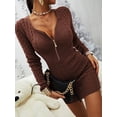 thumbnail image 2 of Women Zipper V-Neck Casual Slim Long Sleeve Solid Sweaters Knit Dress, 2 of 5