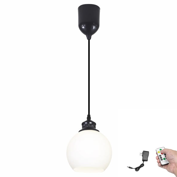 Kiven Battery Operated Pendant Light with Remote Control, 1 Set Rechargeable Hanging Pendant Light Adjustable Height with Frosted Glass Lampshade for Bedroom Kitchen Home Decor TB3510