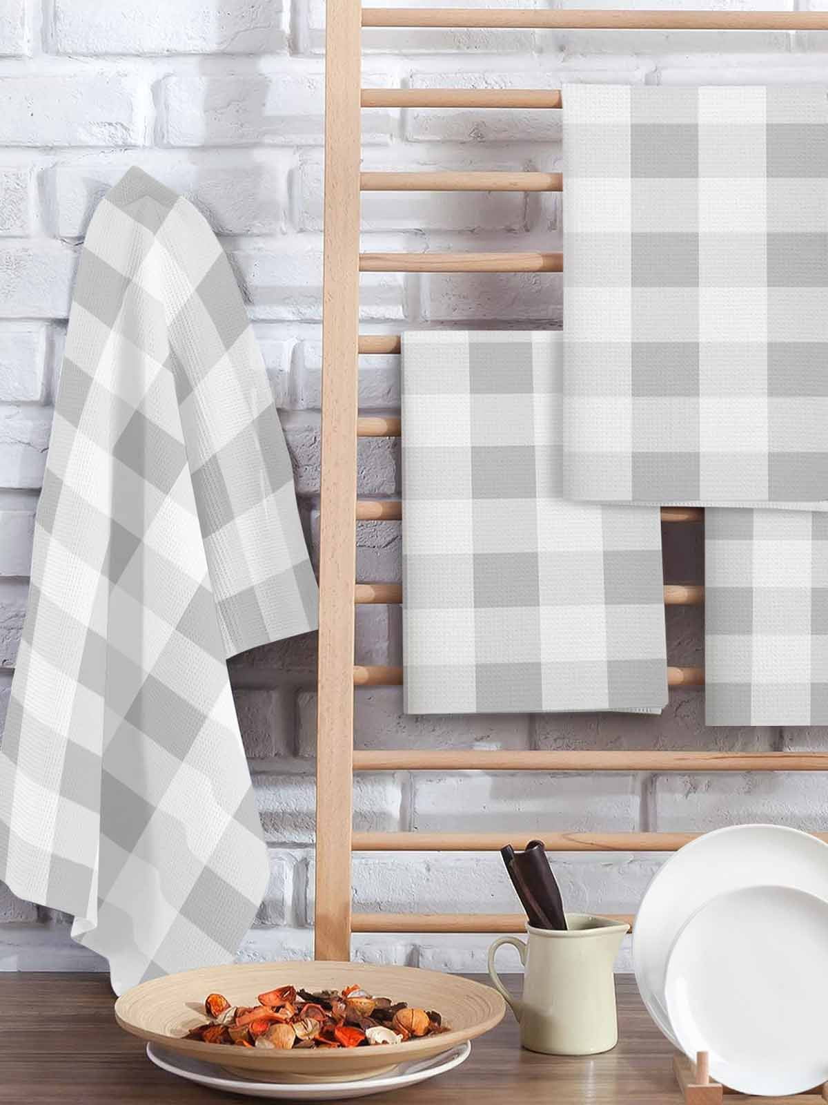 Grey Plaid Kitchen Dish Towels for Drying Dishes Set of 3, Spring Summer Farmhouse Buffalo Checkered Waffle Weave Microfiber Hand Tea Bathroom Towels Quick Dry & Absorbent Towel 15.7x23.6