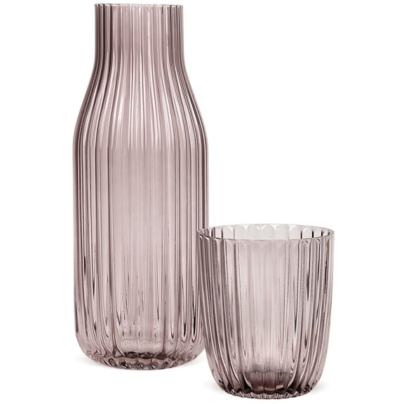 Elle Decor Ribbed Bedside Water Carafe with Tumbler Set, Ribbed Glass Pitcher and Matching Drinking Glass, 39-Ounce, Smoke Gray