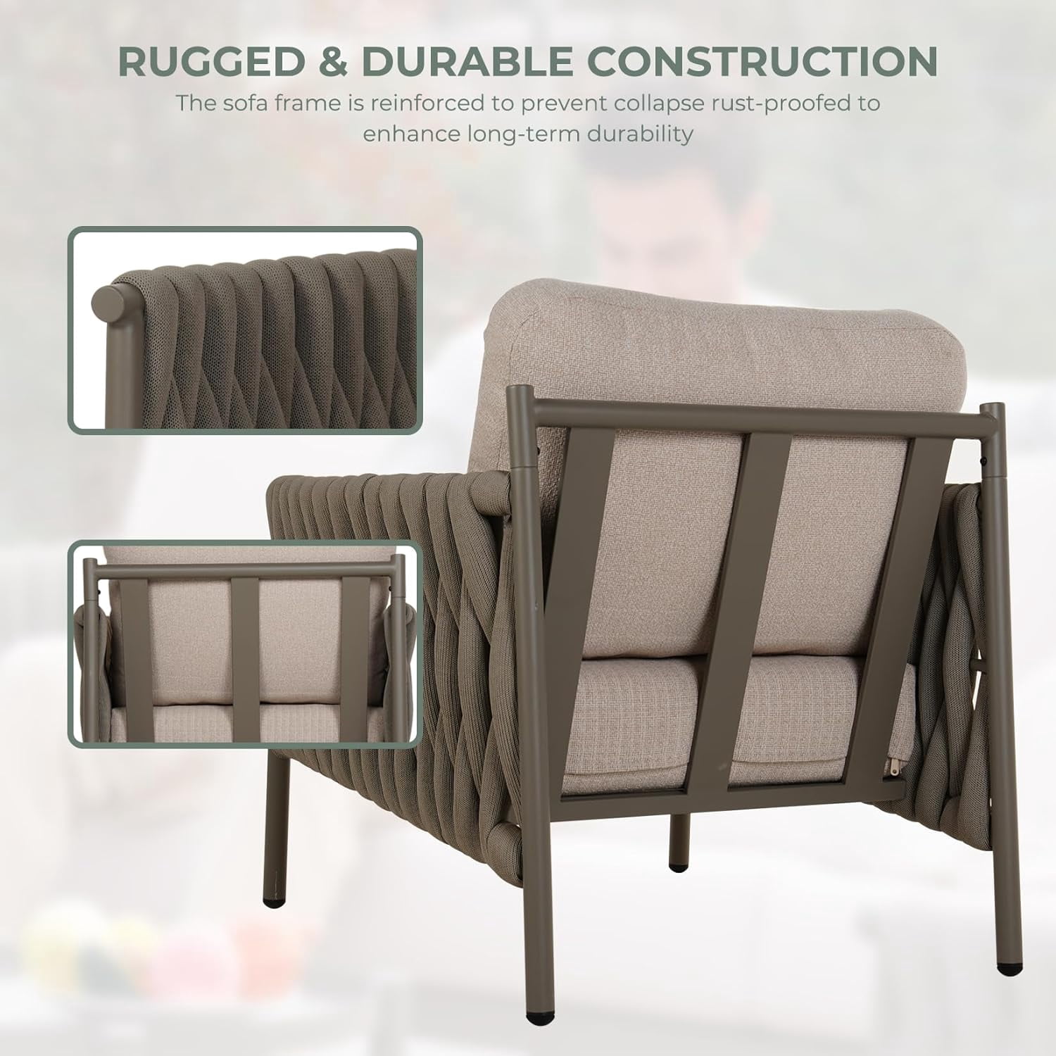 GRANDPATIO 5-Piece Furniture Set, Cotton Rope Outdoor Conversation Set with Deep Seating, Thick Cushions, Water-Resistant, 2 Coffee Tables, Backyard/Porch